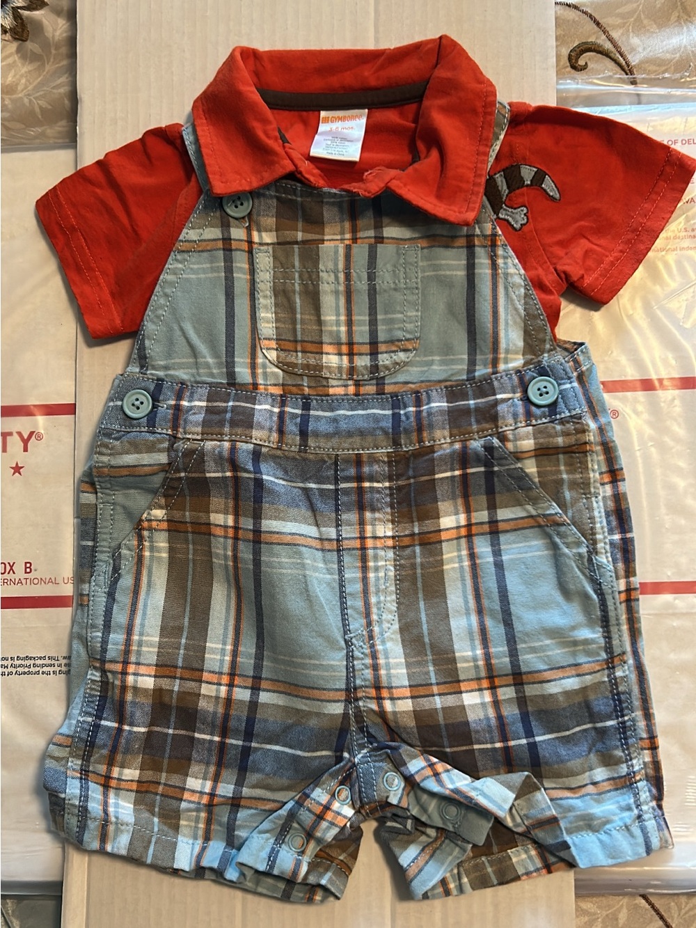 Gymboree Red Polo and Blue-Brown Plaid Short Overalls